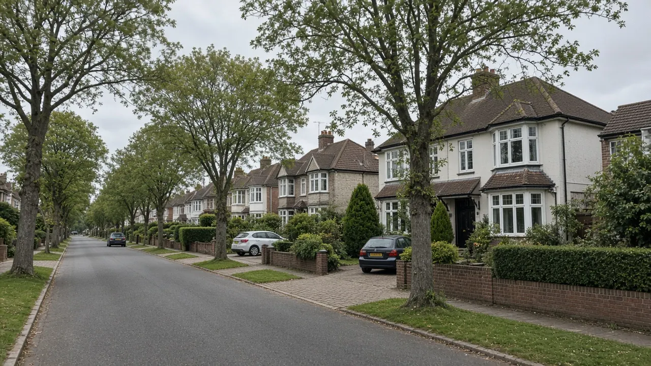 Example image: a tree-lined residential avenue of well-kept detached and semi-detached houses near the coast