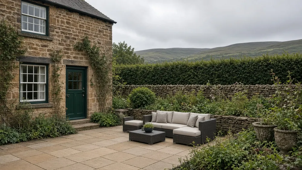 Example image: natural stone paving that suits Guisborough's older stone and brick houses