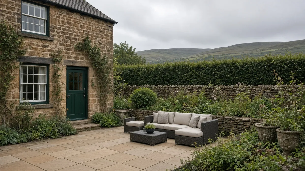 Example image: a buff sawn sandstone patio with an outdoor sofa behind a detached stone-built house in Guisborough