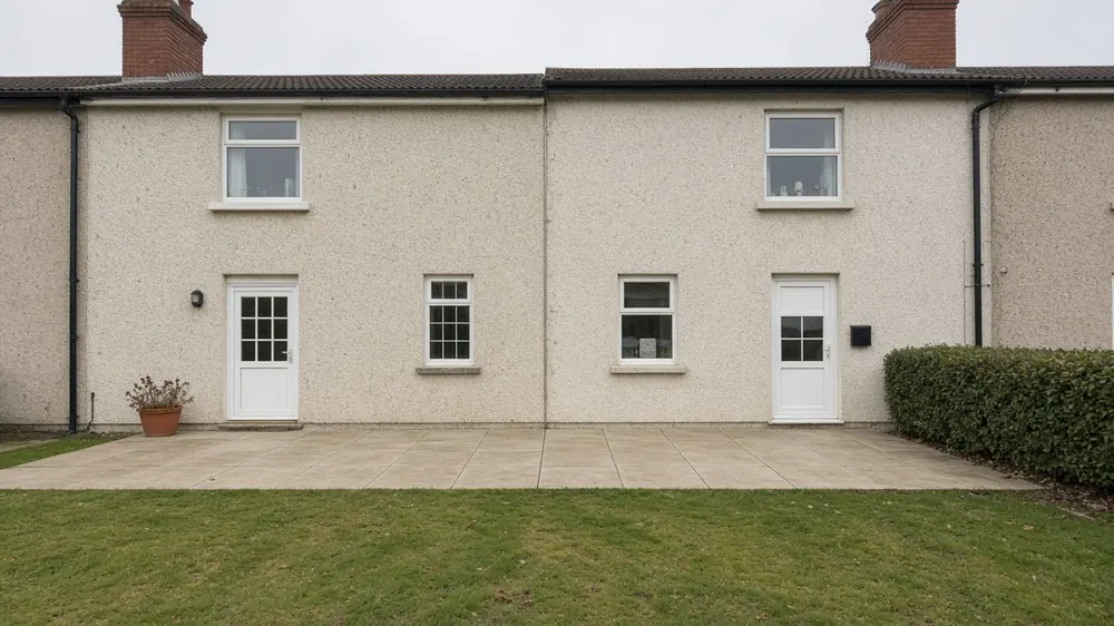 Example image: buff concrete slab patio across the back of a rendered semi-detached house with a lawn beyond