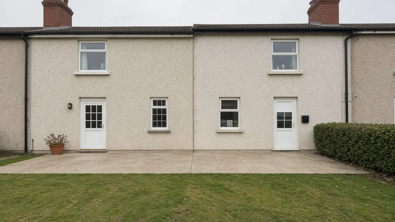 Example image: buff concrete slab patio across the back of a rendered semi-detached house in Dormanstown