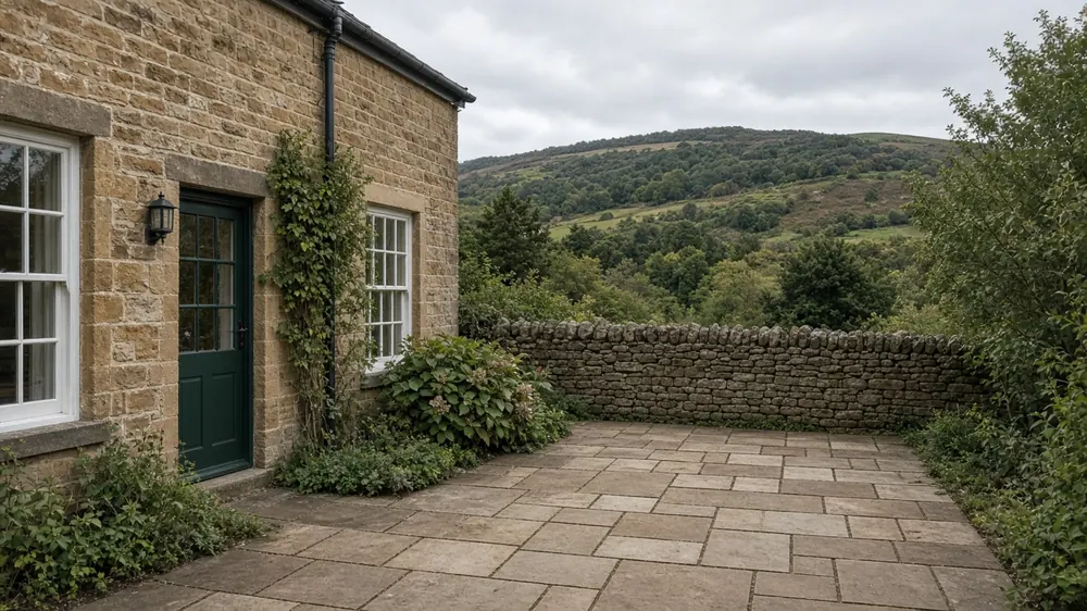 Example image: sandstone patio in a walled garden behind a stone-built town house with hills in the distance