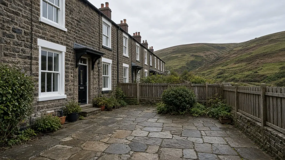 Example image: stone patio in the back yard of a Victorian terraced house with moorland hills behind