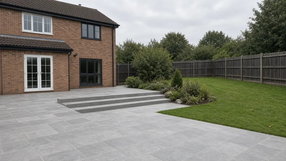 Example image: large grey porcelain patio with steps down a sloping garden behind a modern detached house