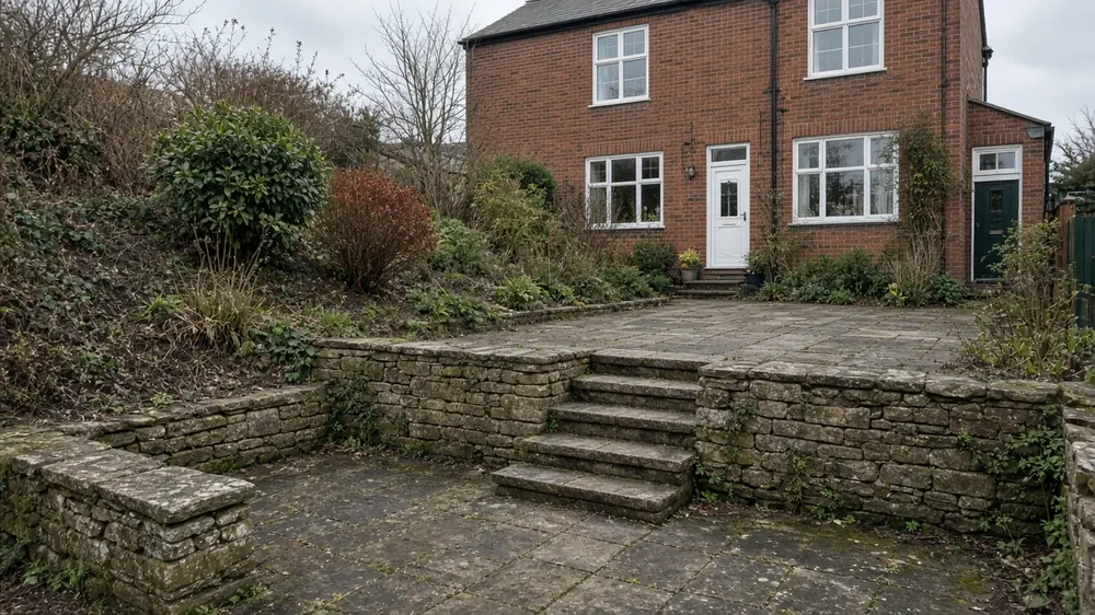 Example image: stepped stone patio and garden steps in a sloping garden behind a brick terraced house
