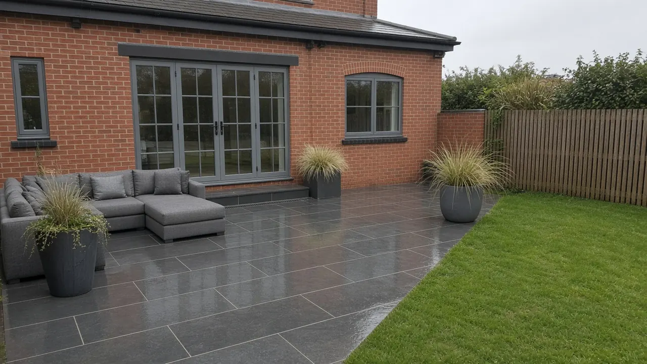 Example image: a charcoal porcelain patio outside French doors on a modern detached house, wet after rain