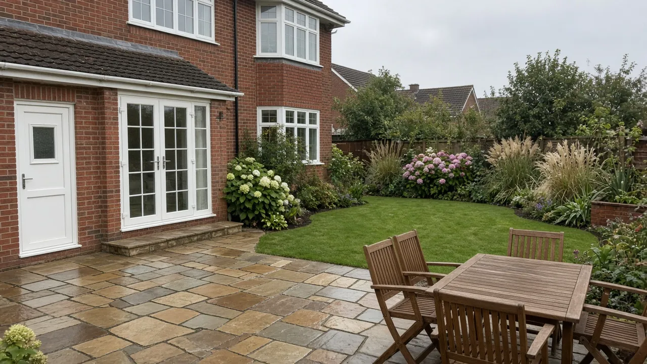 Example image: a riven Indian sandstone patio with a hardwood dining set behind a red-brick house