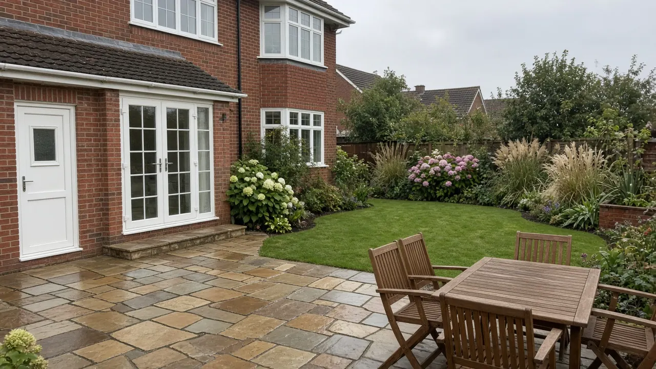 Example image: a riven Indian sandstone patio with a hardwood dining set behind a red-brick house